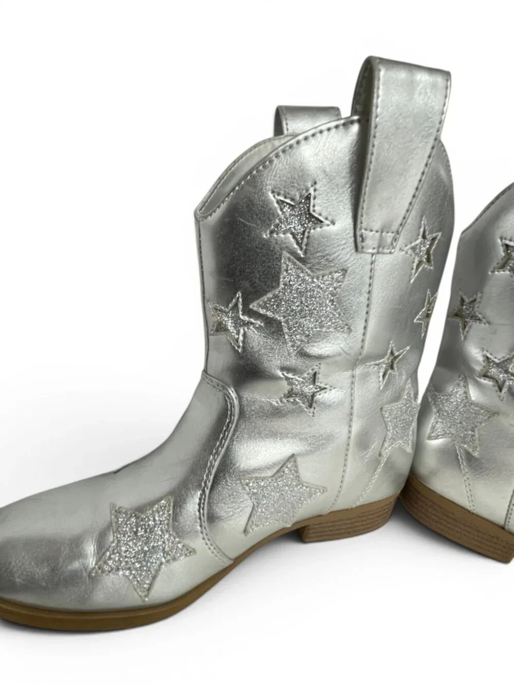 Dream Pairs Silver Faux Leather Glitter Star Western Cowgirl Boots Kids Girls 3